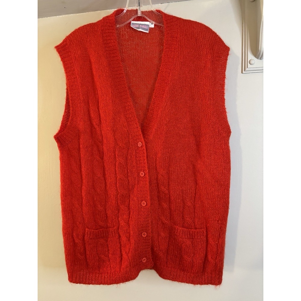 VTG ANNE PARIS Red Mohair Cableknit Sweater Vest Cardigan 42 L Christmas